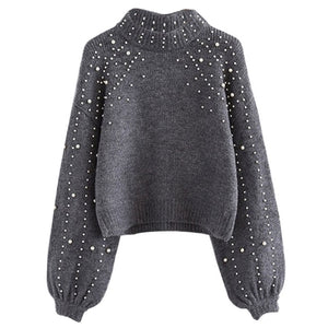 WENYUJH 2019 New Fashion Pullovers and Sweaters Pearl Printed Lantern Sleeve Knitwear Warm Soft Knitting Tops Streetwear S-2XL