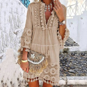 Tassel Hollow Out Mini Dresses Women Summer Autumn Sexy V-Neck Boho Dress 2019 New Bohemian Floral Printed Beach Dress Vestidos