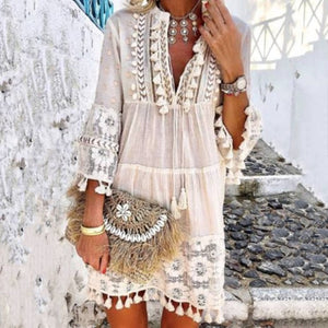 Tassel Hollow Out Mini Dresses Women Summer Autumn Sexy V-Neck Boho Dress 2019 New Bohemian Floral Printed Beach Dress Vestidos