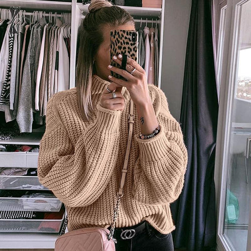 NLW Khaki Turtleneck Women Sweater Autumn Winter Long Sleeve  Jumper 2019 Knitted Loose Fashion Pullover Femme