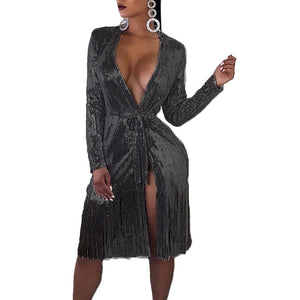 Hot Sexy Women Dress Sequined V Neck Wrap Glitter Fashion Shinny Sexy Club Party Gown Dresses Bandage Tassel Dress XXL