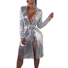 Load image into Gallery viewer, Hot Sexy Women Dress Sequined V Neck Wrap Glitter Fashion Shinny Sexy Club Party Gown Dresses Bandage Tassel Dress XXL