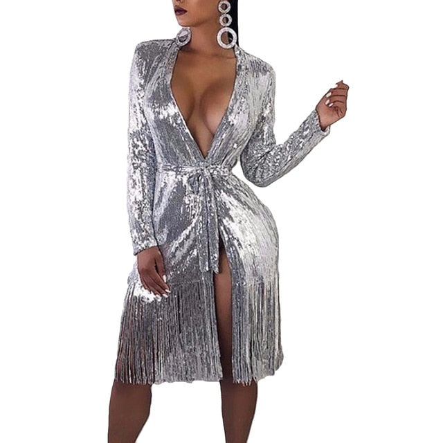 Hot Sexy Women Dress Sequined V Neck Wrap Glitter Fashion Shinny Sexy Club Party Gown Dresses Bandage Tassel Dress XXL