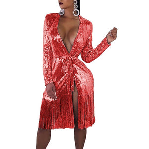 Hot Sexy Women Dress Sequined V Neck Wrap Glitter Fashion Shinny Sexy Club Party Gown Dresses Bandage Tassel Dress XXL