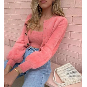 2 Pcs Casual Womens Long Sleeve Knitted Fluffy Cardigan Sweater Suit Female Pink Slim Button Crop Sweater Tops Plus Size S-Xl