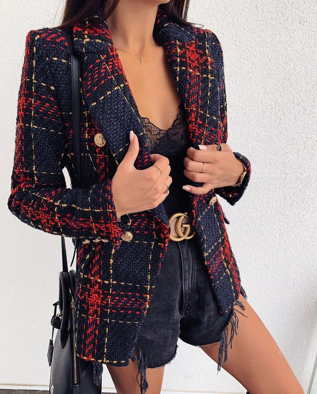 Ladies Coat Personality Deep V-neck Long-sleeved Solid Color Autumn Coat Female Elegant Plaid Office Lady Buttoned Casual Coat