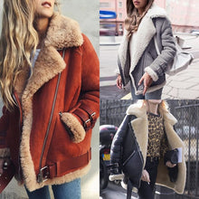 Load image into Gallery viewer, Women Suede Leather Jacket Winter Warm Thick Faux Fur Women Motorcycle Coat Zipper Plus Size Lapel Locomotive Jacket Overcoat