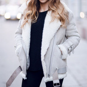 Women Suede Leather Jacket Winter Warm Thick Faux Fur Women Motorcycle Coat Zipper Plus Size Lapel Locomotive Jacket Overcoat