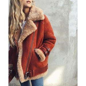 Women Suede Leather Jacket Winter Warm Thick Faux Fur Women Motorcycle Coat Zipper Plus Size Lapel Locomotive Jacket Overcoat