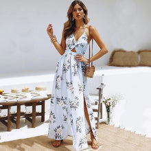 Load image into Gallery viewer, DANJEANE Womens Summer Boho Maxi Long Dress Beach Dresses Sexy V Neck Off Shoulder Floral Halter Dress Backless Bow Vestidos