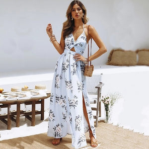 DANJEANE Womens Summer Boho Maxi Long Dress Beach Dresses Sexy V Neck Off Shoulder Floral Halter Dress Backless Bow Vestidos