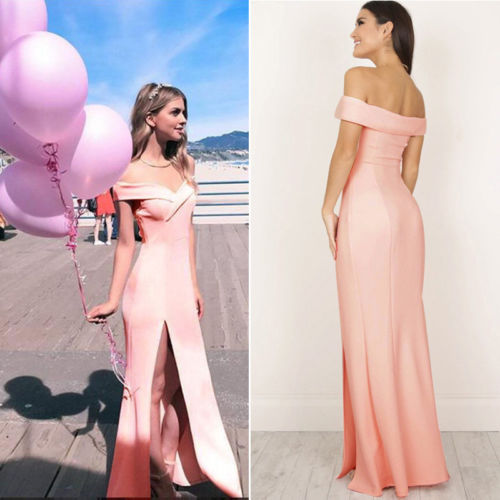 Hot Women's Off Shoulder Dresses Casual Long Maxi Evening Party Beach Long Dress Solid Pink Black V-neck Summer Costume